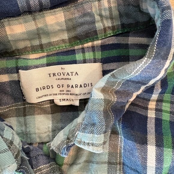 Trovata Birds of Paradis Green Navy Plaid Button Front Shirt Hi-Low Size Small - Picture 6 of 6